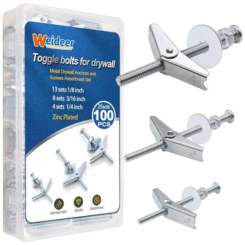weideer 100Pcs Toggle Bolts 1/8" 3/16" 1/4" Heavy Duty Drywall Anchors and Screws Assortment Set Toggle Bolts and Wing Nut Kit with Nuts washers (25sets) K-136 - Image 1
